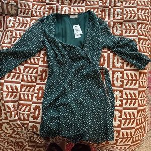 NWT Sage the Label green & white polka dot wrap dress w/ floral embroidery